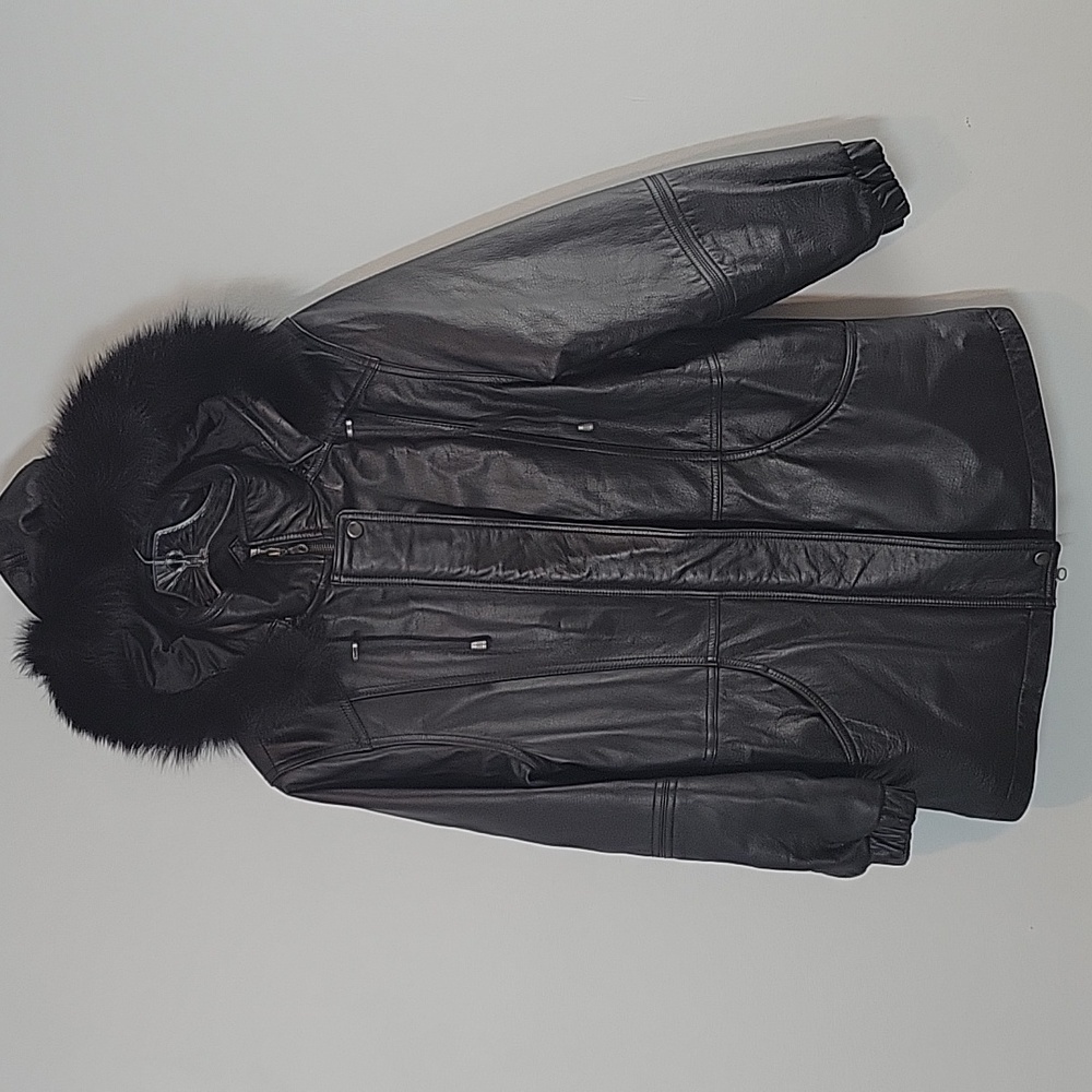 Field Gear Black Leather & Fox Tail Fur Hood Trim Jacket Parka